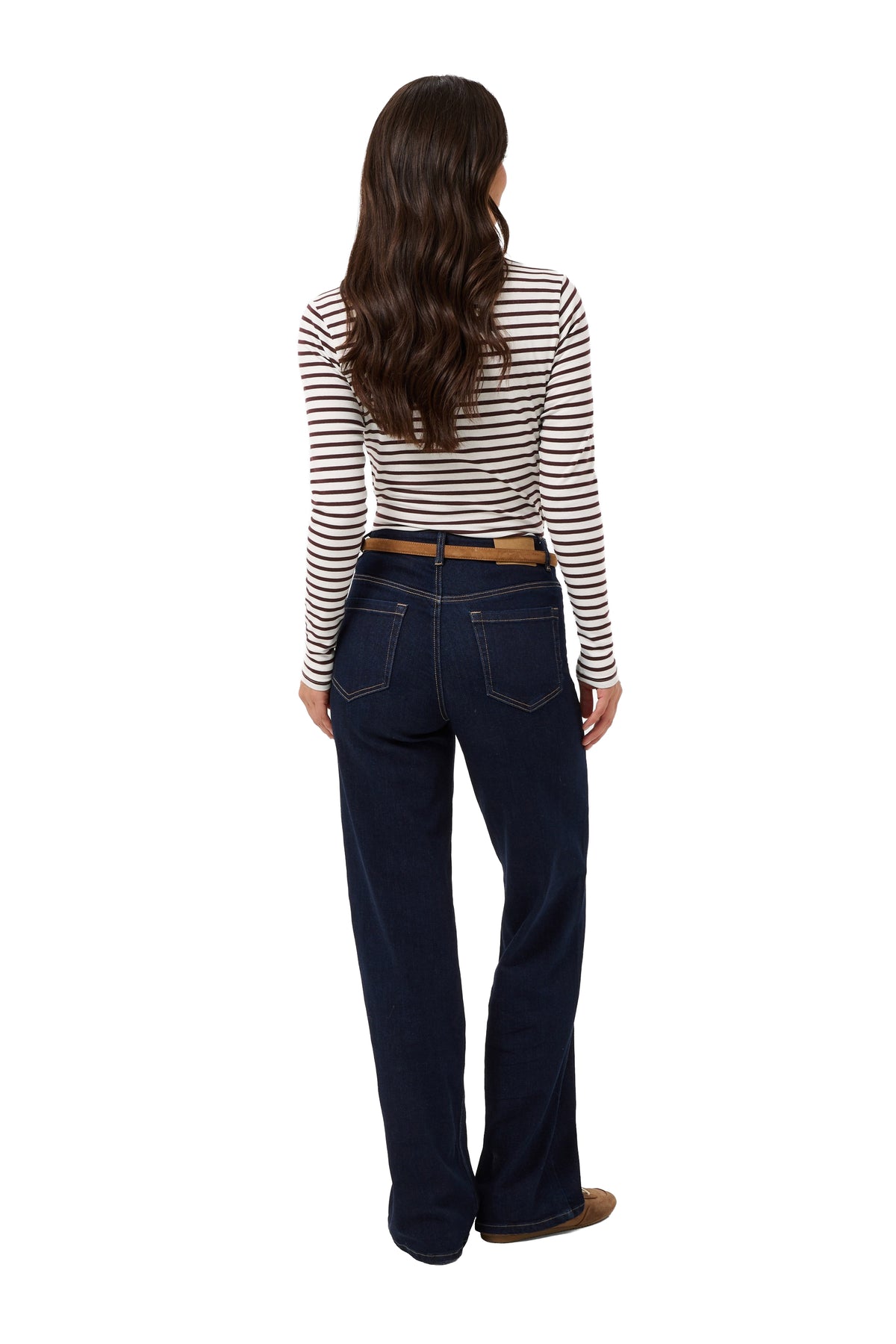 Kaffe women's ivory and brown striped long sleeve T-Shirt with straight back and sleeves, back model view