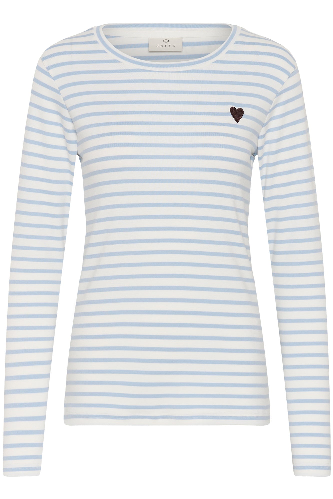 T-Shirt à manches longues blanc rayé bleu pâle avec écusson coeur noir pour femme par Kaffe, vue avant