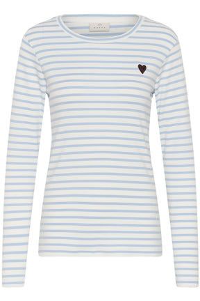 T-Shirt à manches longues blanc rayé bleu pâle avec écusson coeur noir pour femme par Kaffe, vue avant
