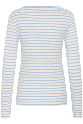 Vue arrière du T-Shirt à manches longues blanc rayé bleu pâle avec encolure ronde pour femme par Kaffe