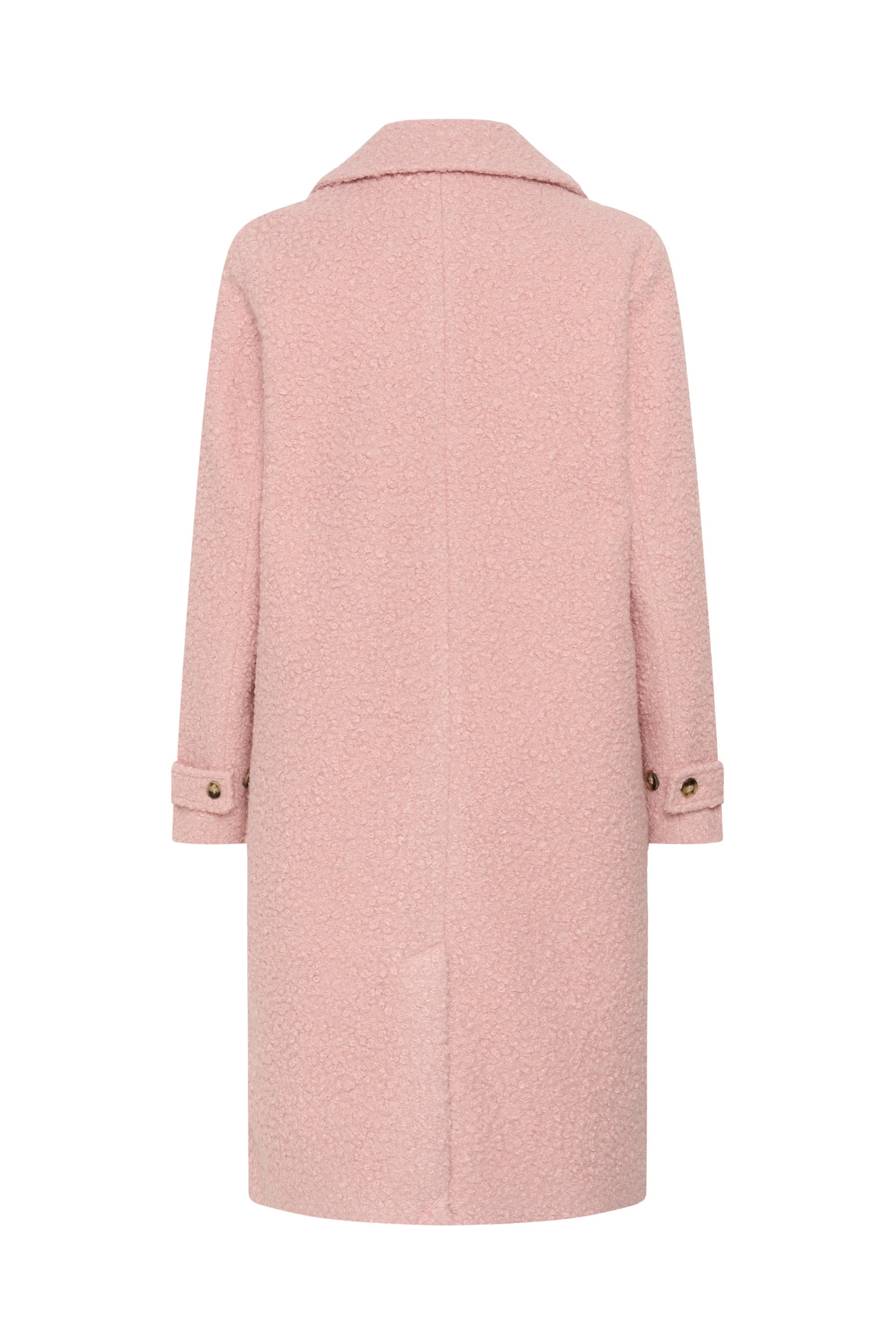 Vue dos isolée d’un manteau long rose pâle bouclé avec pattes boutonnées aux poignets pour femme par Kaffe