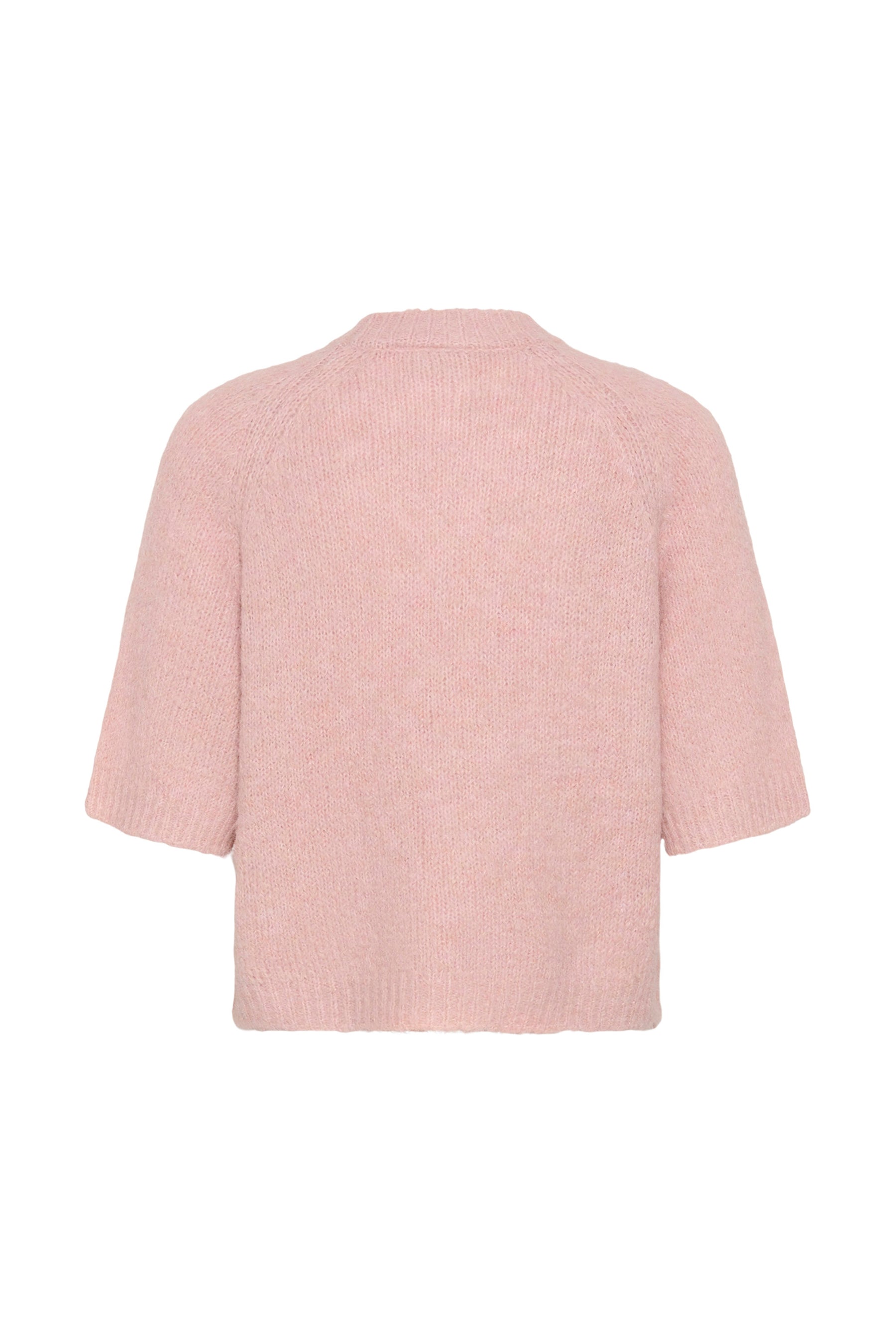 Vue arrière isolée du chandail manches courtes en tricot rose pâle avec col ainsi que poignets et ourlet côtelés pour femme par Kaffe