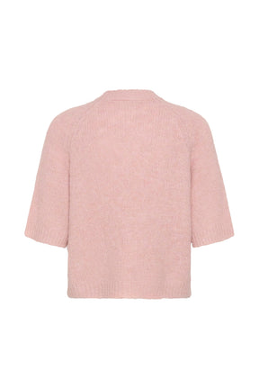 Vue arrière isolée du chandail manches courtes en tricot rose pâle avec col ainsi que poignets et ourlet côtelés pour femme par Kaffe