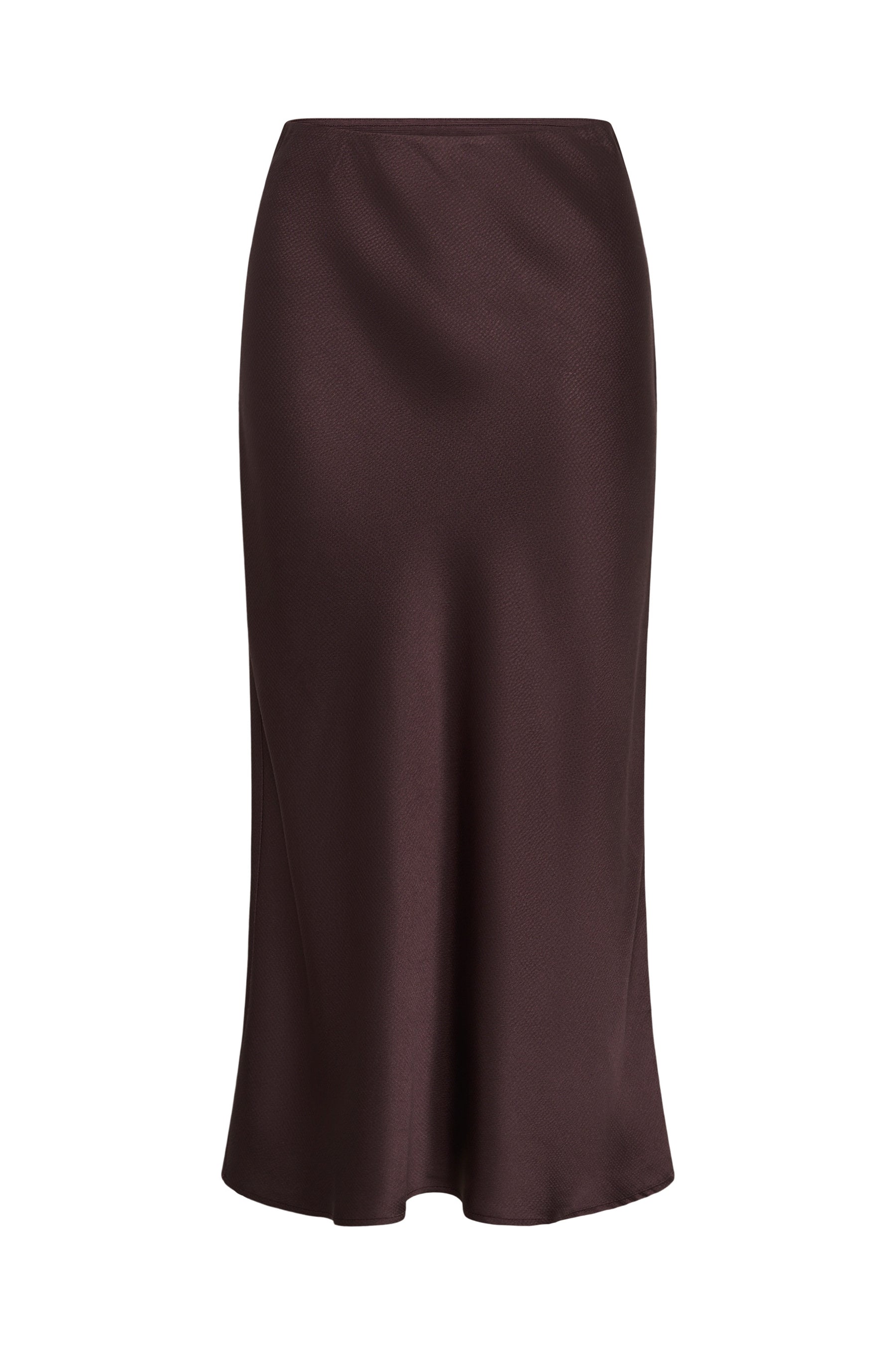 Women's isolated dark burgundy textured midi skirt showing the smooth upper panel and flared hem by Kaffe