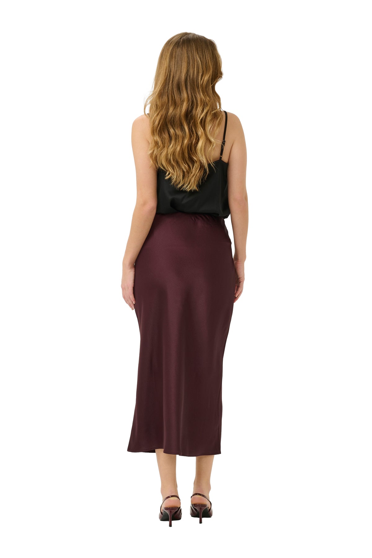 Kaffe women's dark burgundy midi skirt with a smooth waist and flared hem shown from the back