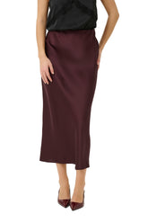Kaffe women's dark burgundy textured midi skirt with a smooth waistband, front model view