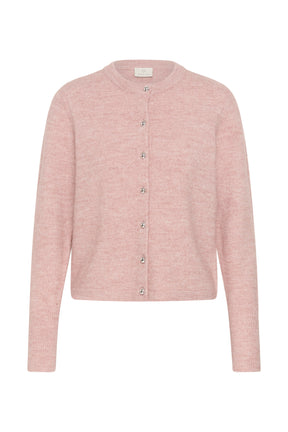 Cardigan en tricot rose pâle isolé de face, boutons argentés, col rond et poignets côtelés pour femme par Kaffe