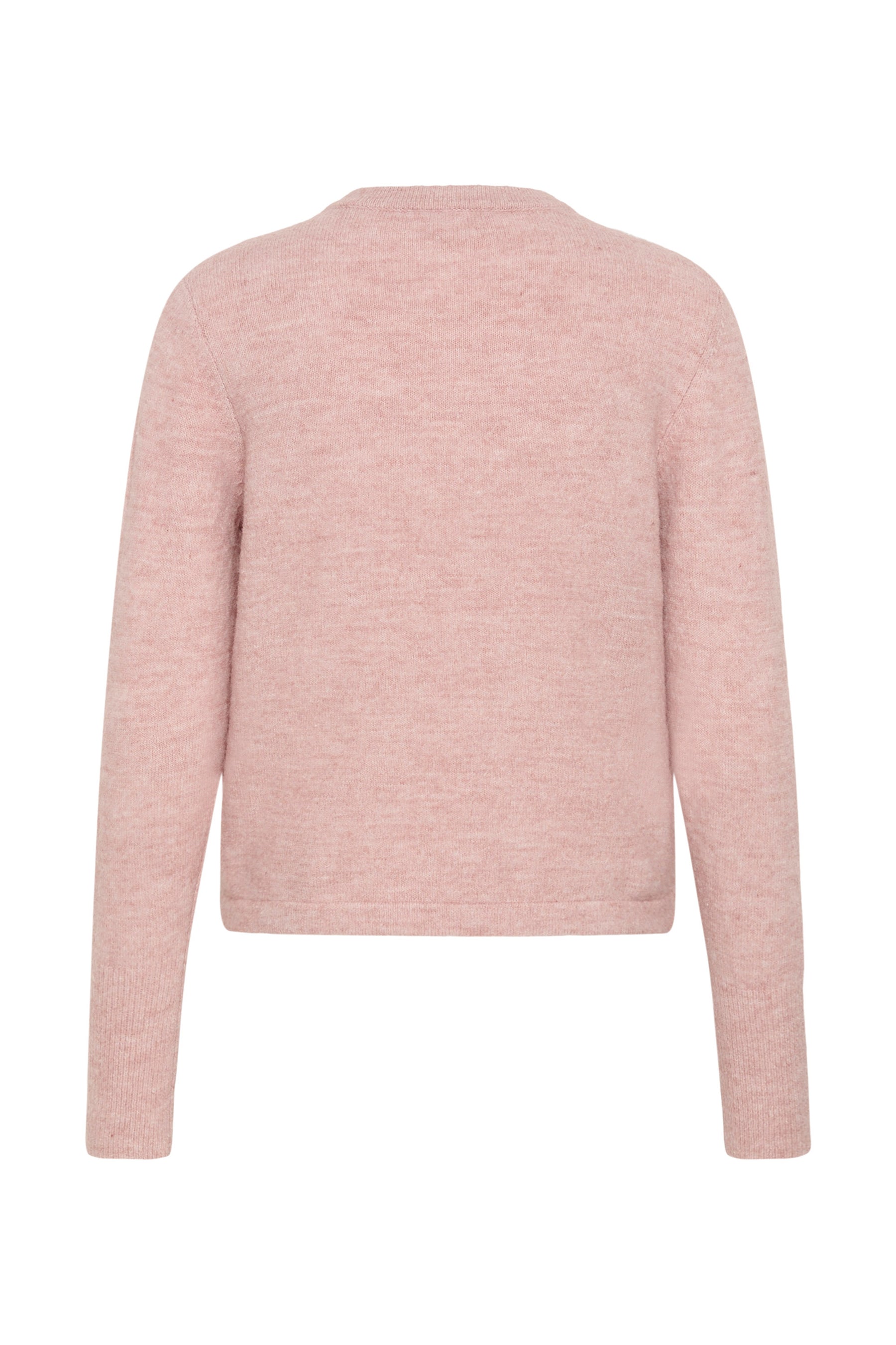 Cardigan en tricot rose pâle isolé de dos, manches longues, col rond et ourlet côtelé pour femme par Kaffe