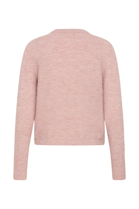 Cardigan en tricot rose pâle isolé de dos, manches longues, col rond et ourlet côtelé pour femme par Kaffe