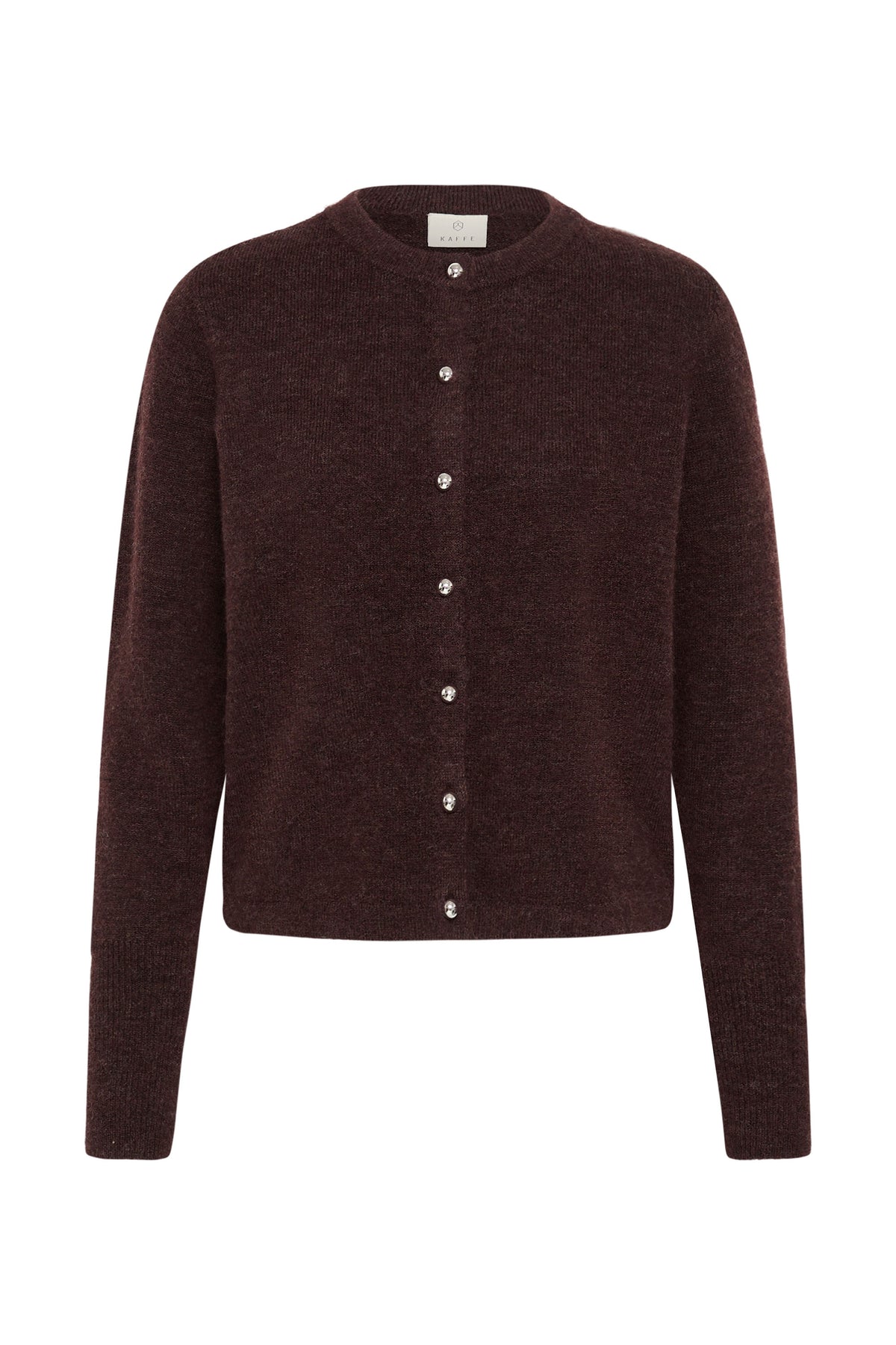 Cardigan en tricot brun foncé, vue de face avec encolure ronde, manches longues et boutons luisants pour femme par Kaffe