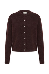 Cardigan en tricot brun foncé, vue de face avec encolure ronde, manches longues et boutons luisants pour femme par Kaffe