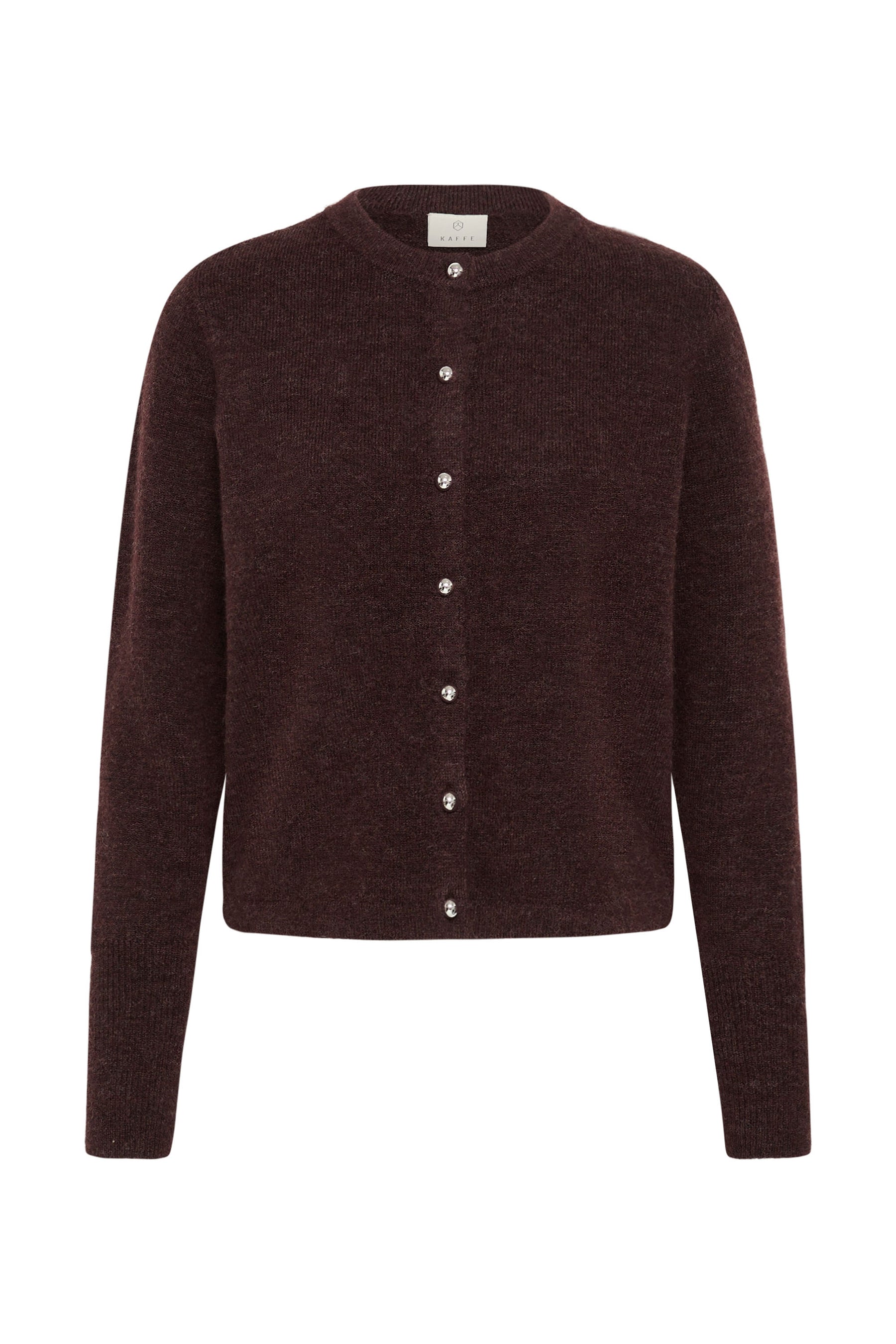 Cardigan en tricot brun foncé, vue de face avec encolure ronde, manches longues et boutons luisants pour femme par Kaffe