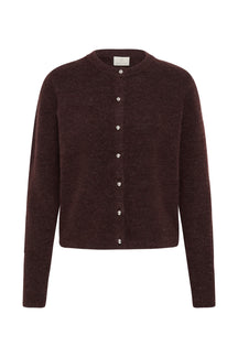 Cardigan en tricot brun foncé, vue de face avec encolure ronde, manches longues et boutons luisants pour femme par Kaffe