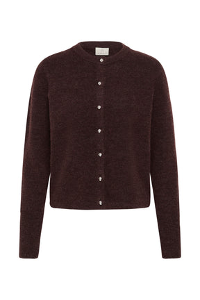 Cardigan en tricot brun foncé, vue de face avec encolure ronde, manches longues et boutons luisants pour femme par Kaffe