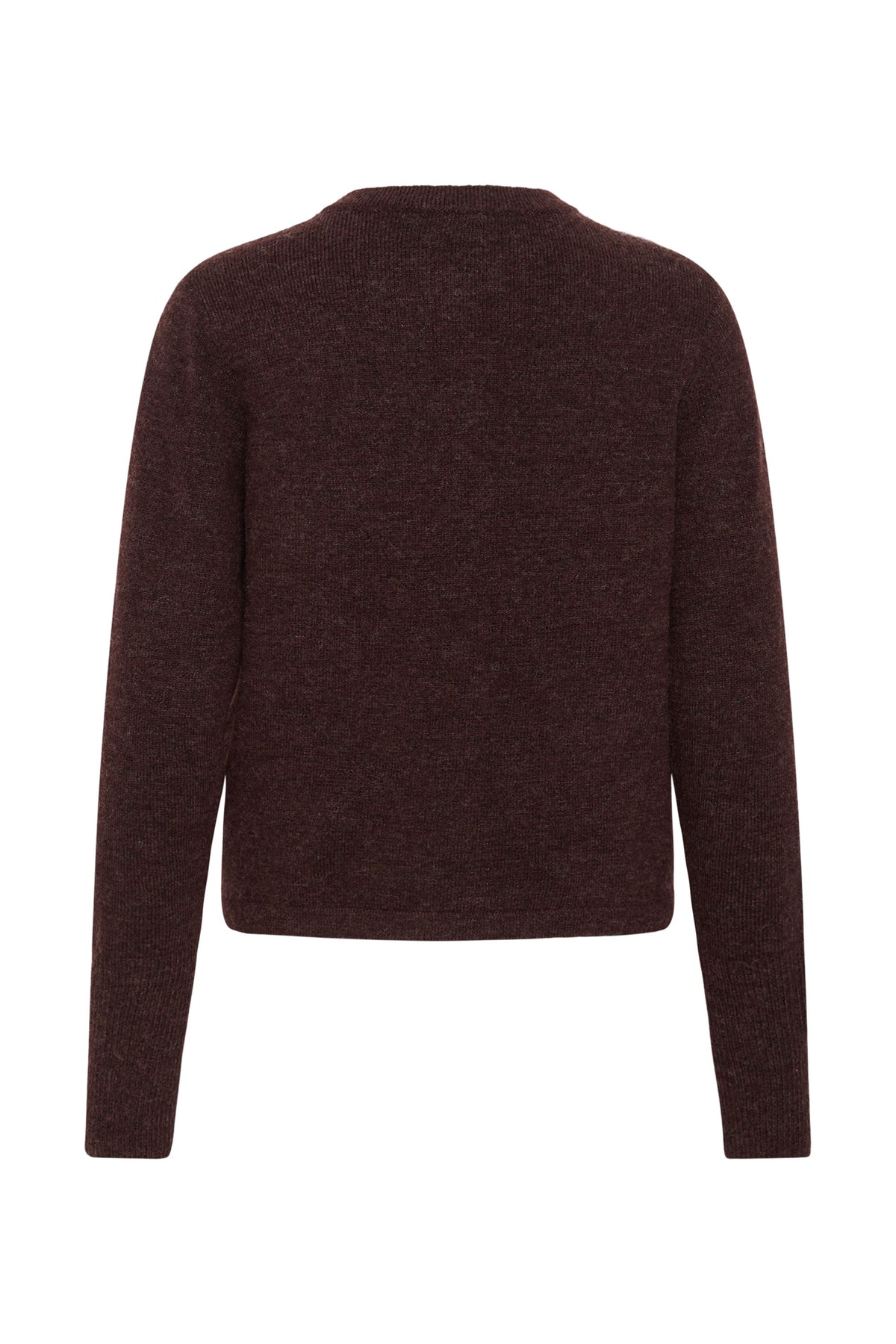 Cardigan en tricot brun foncé, vue de dos avec encolure côtelée, manches longues et ourlet droit pour femme par Kaffe