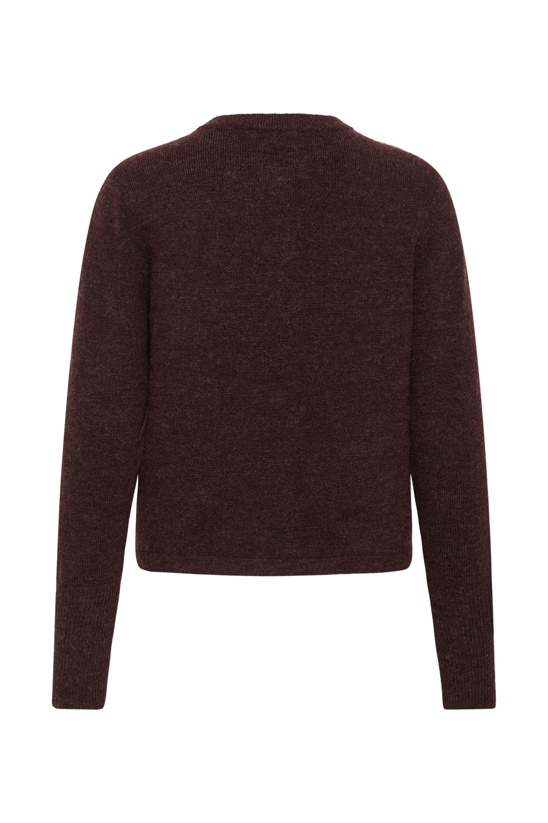 Cardigan en tricot brun foncé, vue de dos avec encolure côtelée, manches longues et ourlet droit pour femme par Kaffe