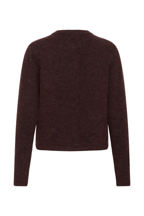 Cardigan en tricot brun foncé, vue de dos avec encolure côtelée, manches longues et ourlet droit pour femme par Kaffe