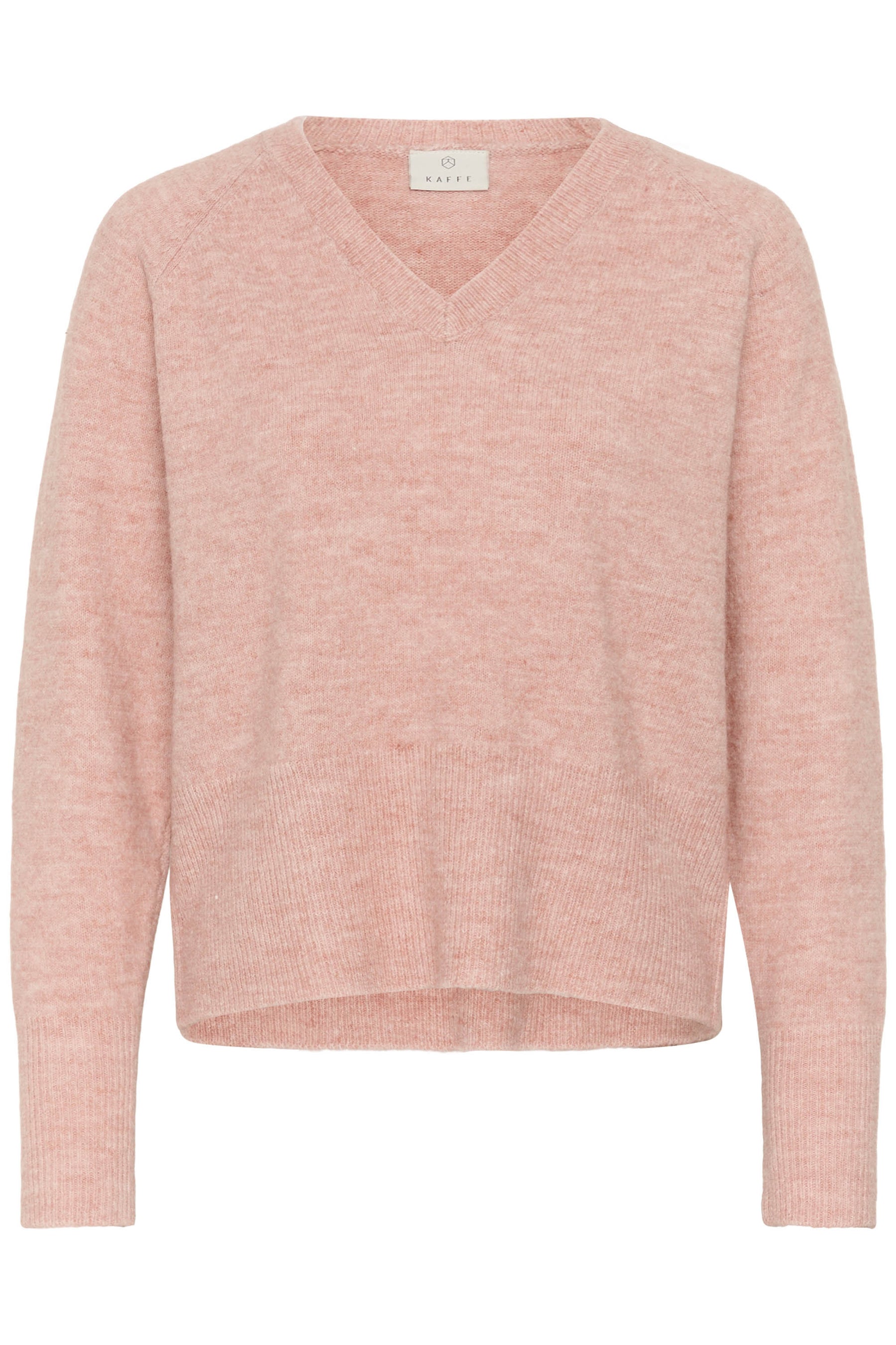 Chandail manches longues en tricot rose pâle chiné à col en V et bordures côtelées pour femme par Kaffe, vue isolée de face