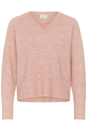 Chandail manches longues en tricot rose pâle chiné à col en V et bordures côtelées pour femme par Kaffe, vue isolée de face