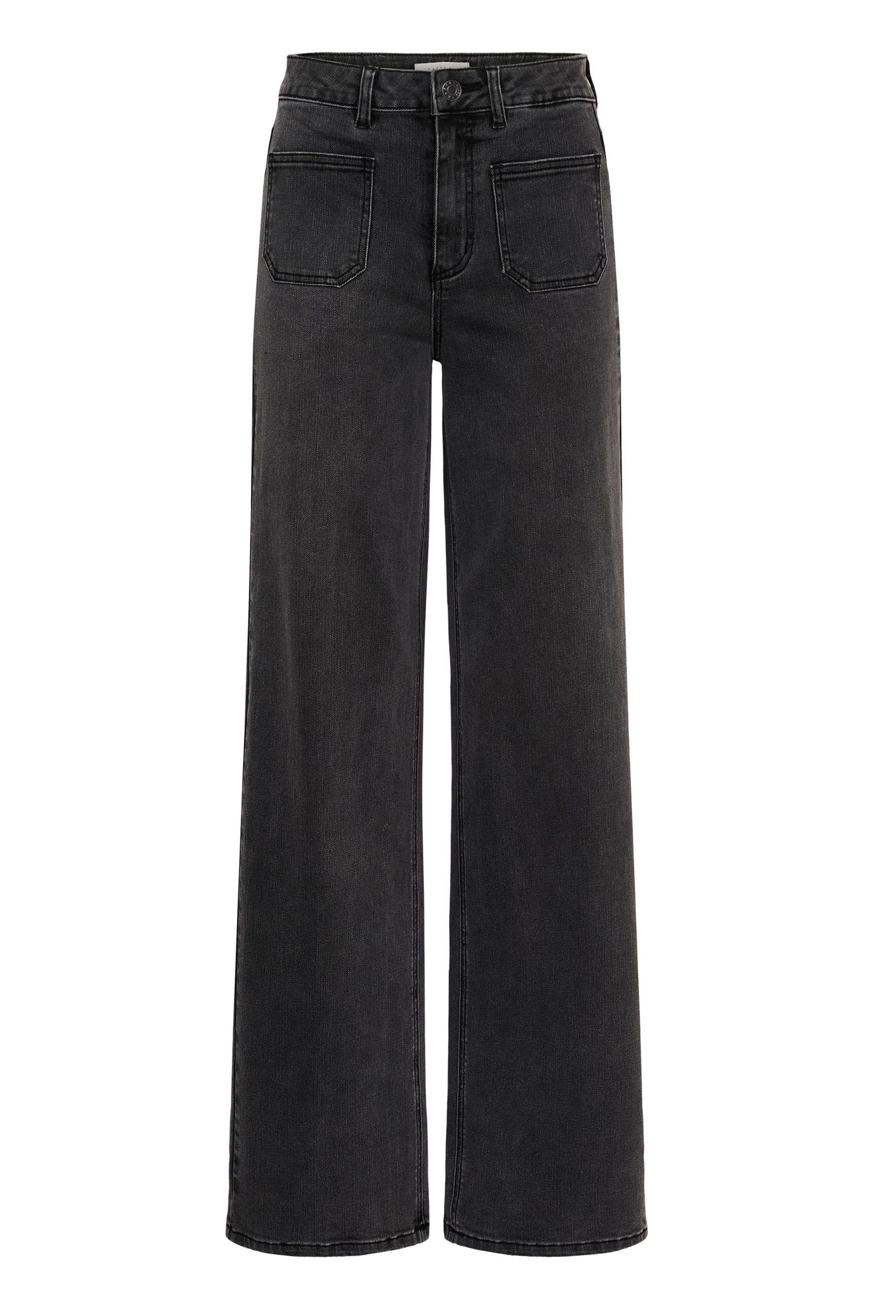 Women's front isolated view of washed black wide-leg jeans with button fly and large patch pockets by Kaffe