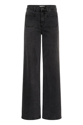 Women's front isolated view of washed black wide-leg jeans with button fly and large patch pockets by Kaffe