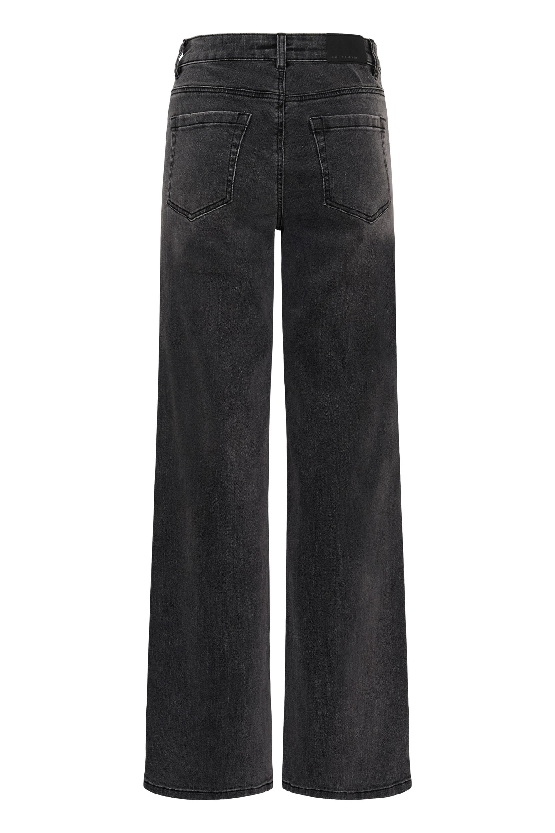 Kaffe women's back isolated view of washed black wide-leg jeans with rear patch pockets and logo patch
