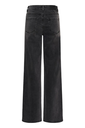 Kaffe women's back isolated view of washed black wide-leg jeans with rear patch pockets and logo patch
