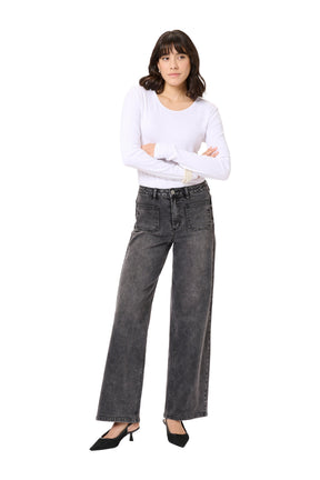 Kaffe women's washed black wide-leg jeans with high waist and front patch pockets shown from the front