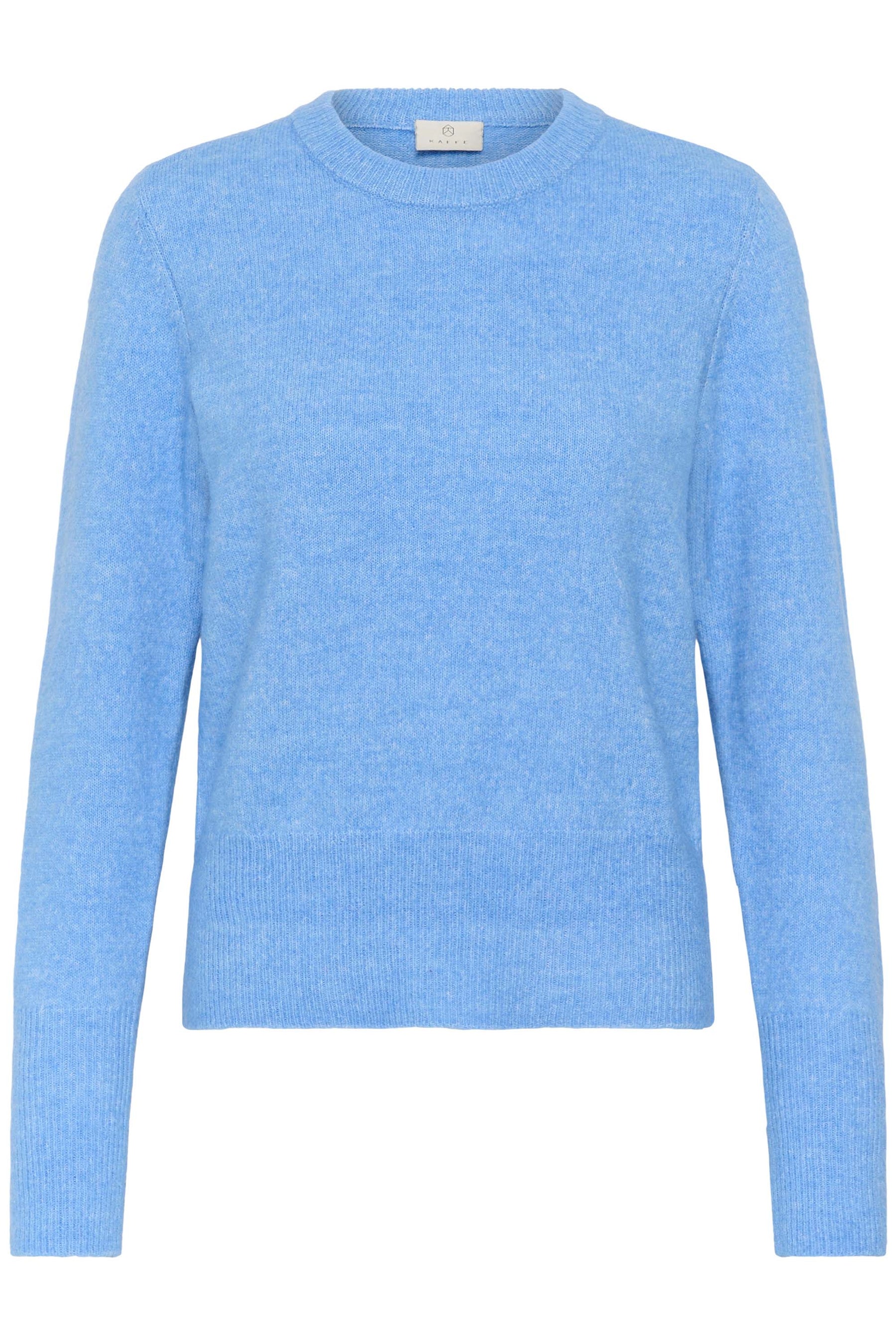 Vue avant isolée d’un chandail manches longues en tricot bleu pâle chiné avec col rond et ourlet côtelé pour femme par Kaffe