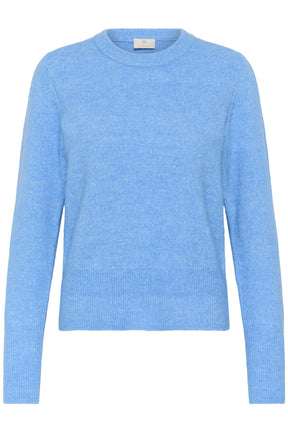 Vue avant isolée d’un chandail manches longues en tricot bleu pâle chiné avec col rond et ourlet côtelé pour femme par Kaffe