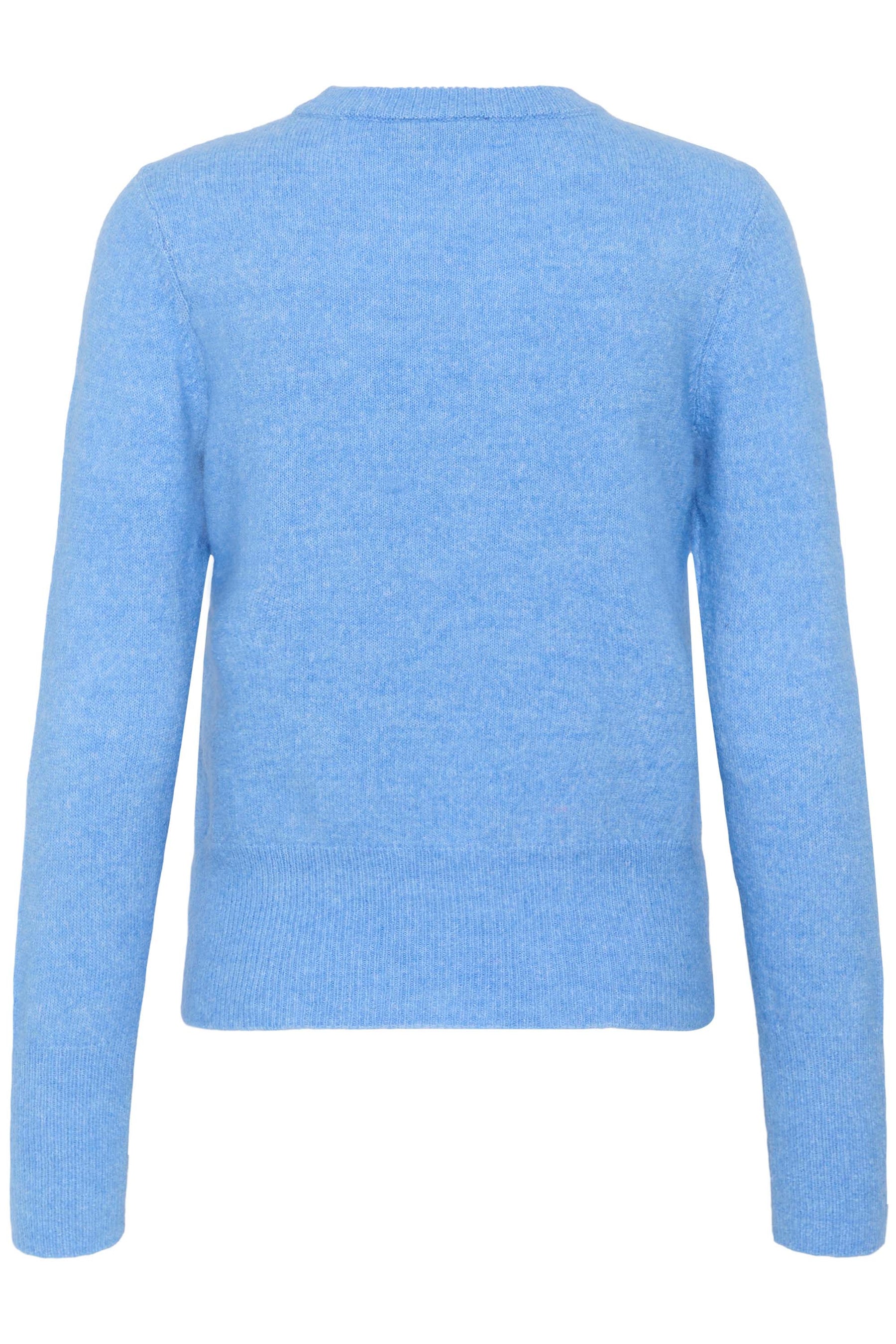 Vue arrière isolée d’un chandail manches longues en tricot bleu pâle chiné avec col rond pour femme par Kaffe