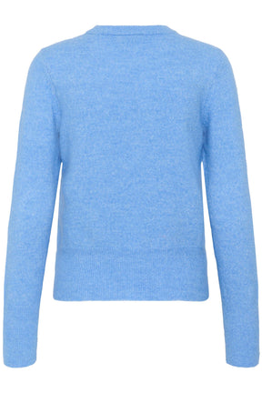 Vue arrière isolée d’un chandail manches longues en tricot bleu pâle chiné avec col rond pour femme par Kaffe