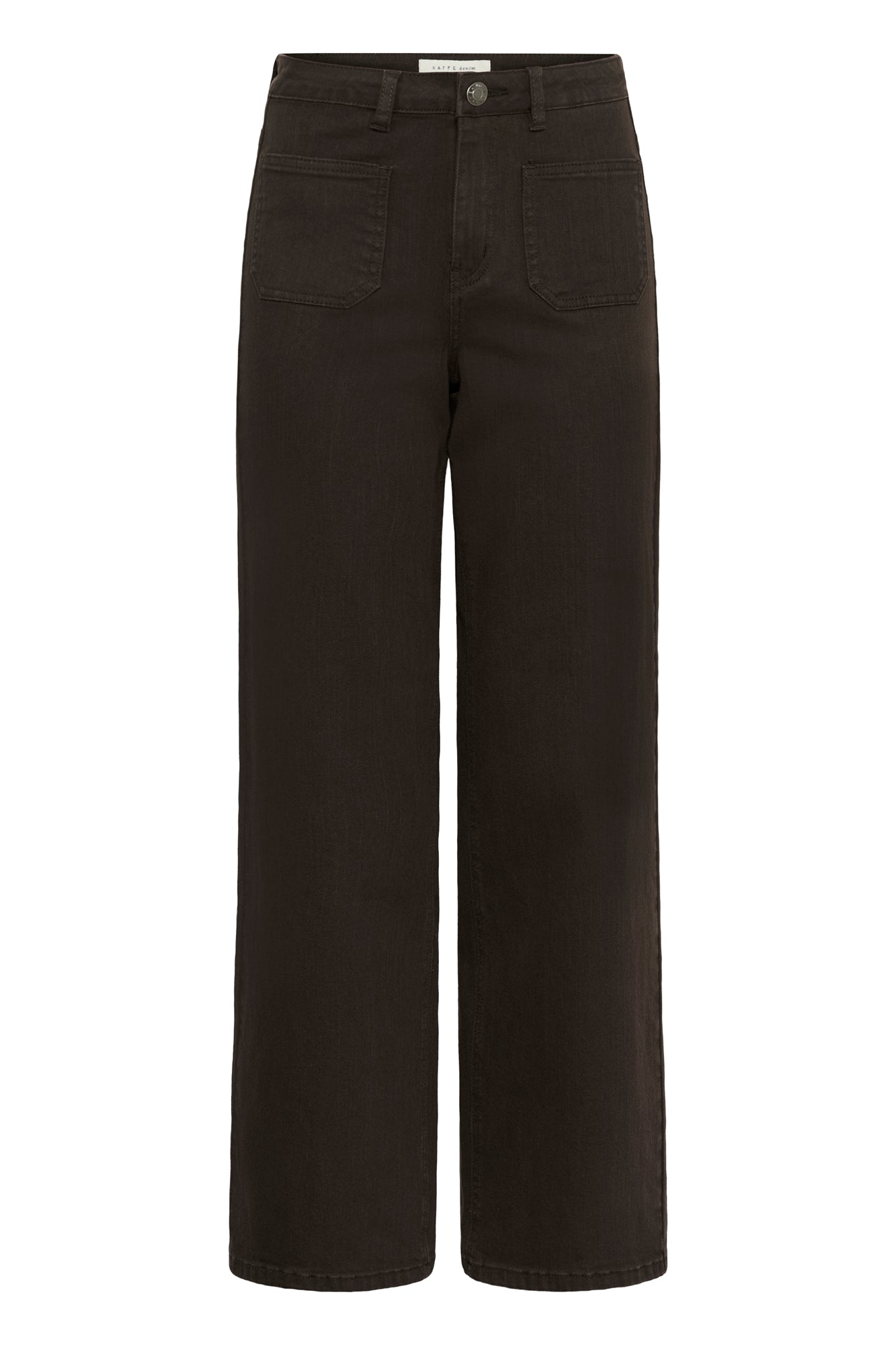 Jean brun foncé à jambe large avec bouton, passants et poches plaquées pour femme par Kaffe, vue avant