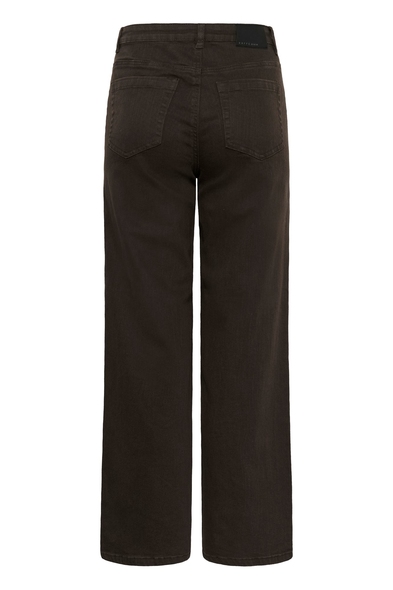 Vue arrière du jean brun foncé à jambe large avec poches plaquées et étiquette noire pour femme par Kaffe