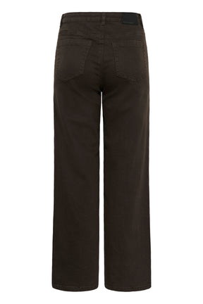 Vue arrière du jean brun foncé à jambe large avec poches plaquées et étiquette noire pour femme par Kaffe