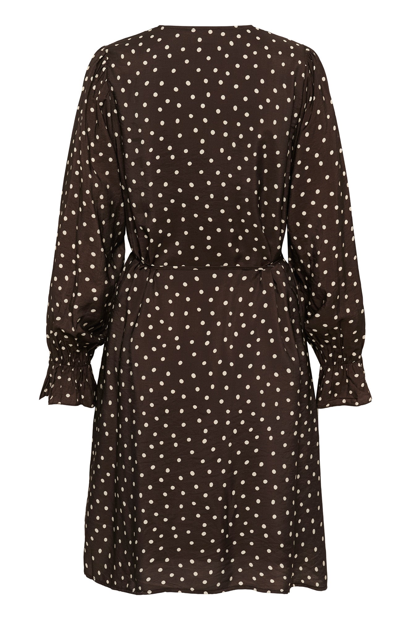 Vue arrière du robe manches longues brune foncé à pois avec manches longues froncées et taille nouée pour femme par Kaffe