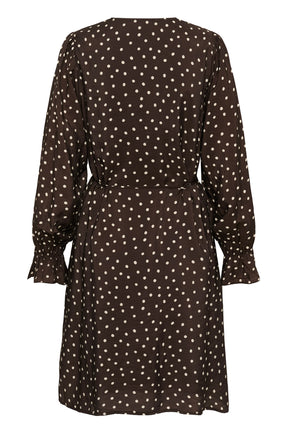 Vue arrière du robe manches longues brune foncé à pois avec manches longues froncées et taille nouée pour femme par Kaffe