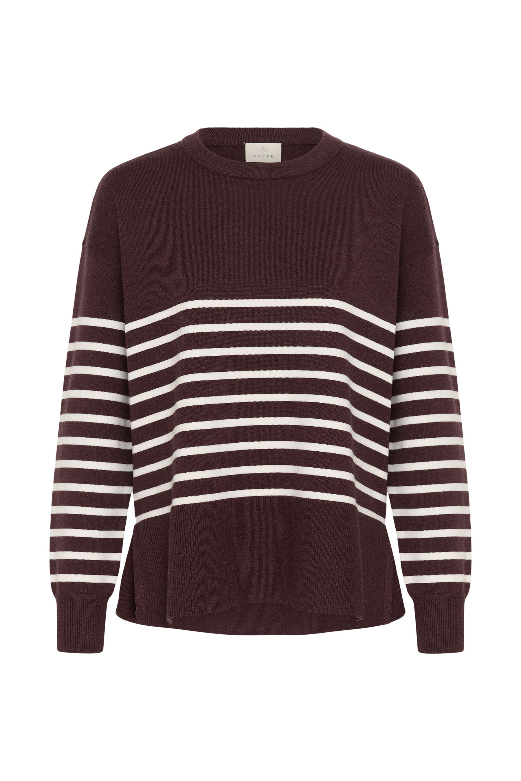 Kaffe women's dark burgundy knit long-sleeve knit sweater with cream stripes and ribbed cuffs, front product view