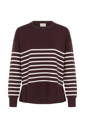 Kaffe women's dark burgundy knit long-sleeve knit sweater with cream stripes and ribbed cuffs, front product view
