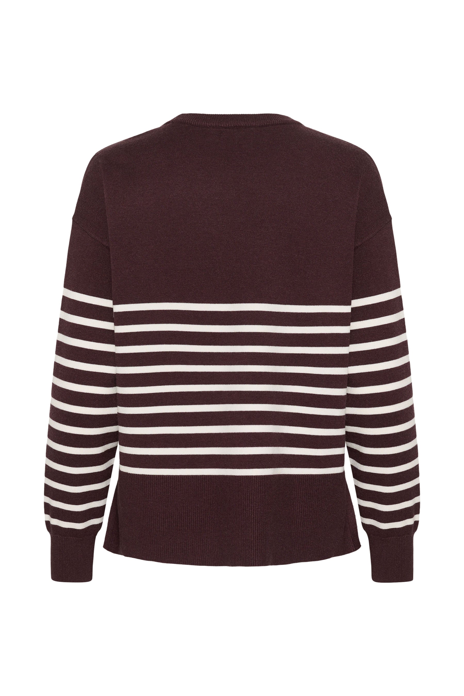 Kaffe women's dark burgundy knit long-sleeve knit sweater with cream lower stripes shown from the back