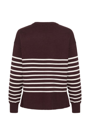 Kaffe women's dark burgundy knit long-sleeve knit sweater with cream lower stripes shown from the back