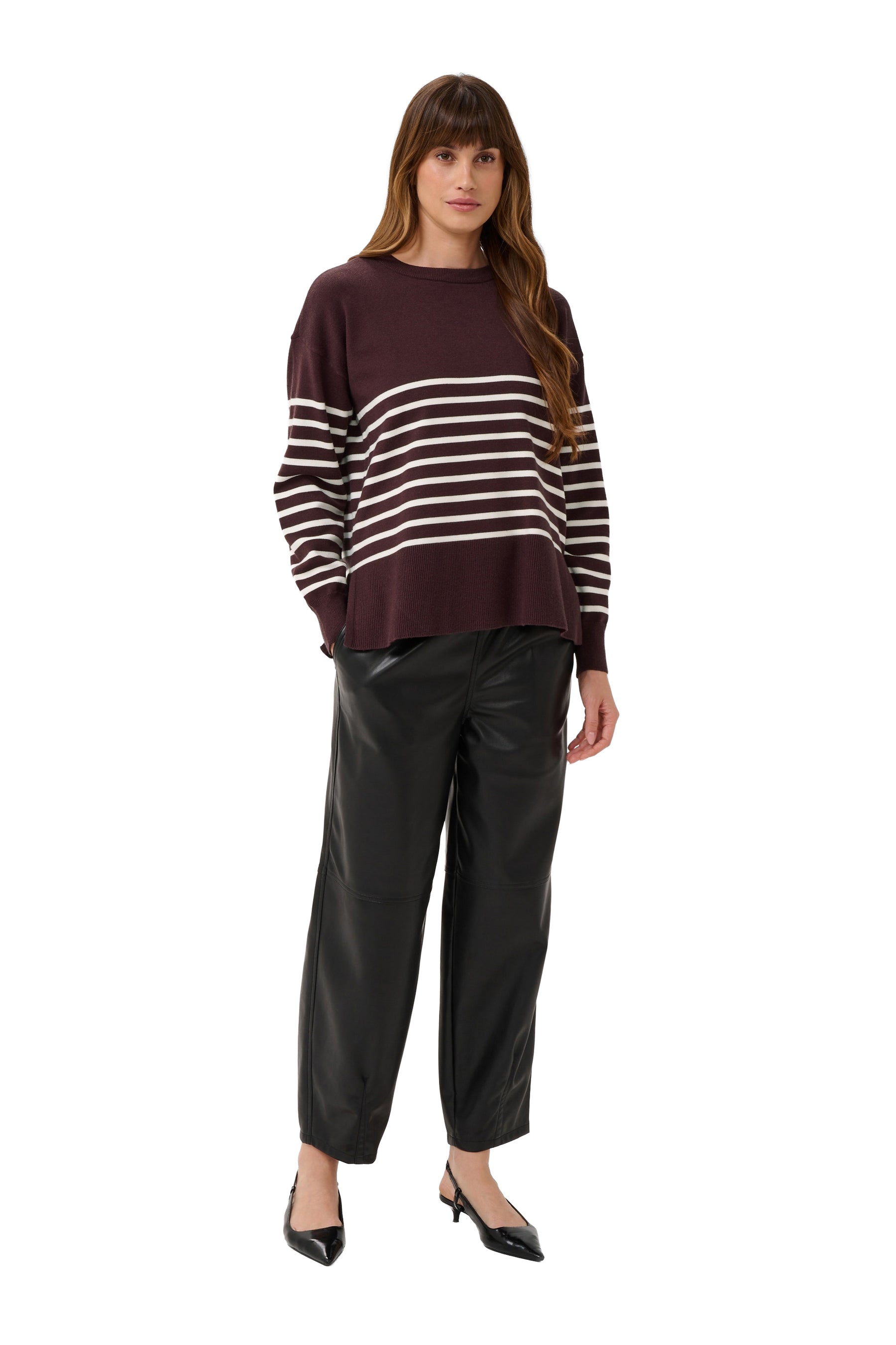 Kaffe women's full front model view of dark burgundy striped knit long-sleeve knit sweater with ribbed hem
