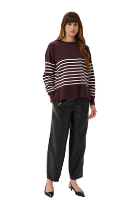 Kaffe women's full front model view of dark burgundy striped knit long-sleeve knit sweater with ribbed hem