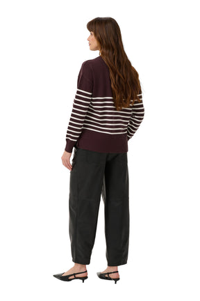 Kaffe women's dark burgundy knit long-sleeve knit sweater with cream stripes and ribbed hem shown from the back