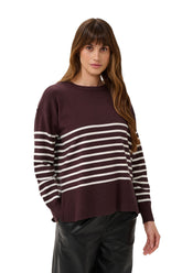 Kaffe women's dark burgundy knit long-sleeve knit sweater with cream stripes and crewneck, front model view