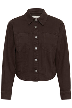 Veste en denim brun foncé avec poches poitrine et boutons-pression pour femme par Kaffe, vue avant isolée