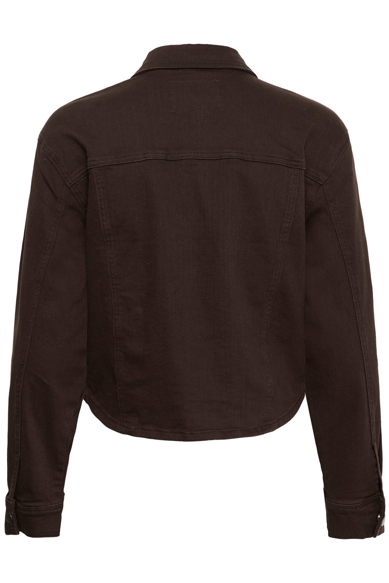 Vue arrière isolée de la veste en denim brun foncé avec empiècement et coutures pour femme par Kaffe