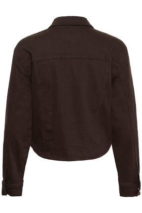 Vue arrière isolée de la veste en denim brun foncé avec empiècement et coutures pour femme par Kaffe