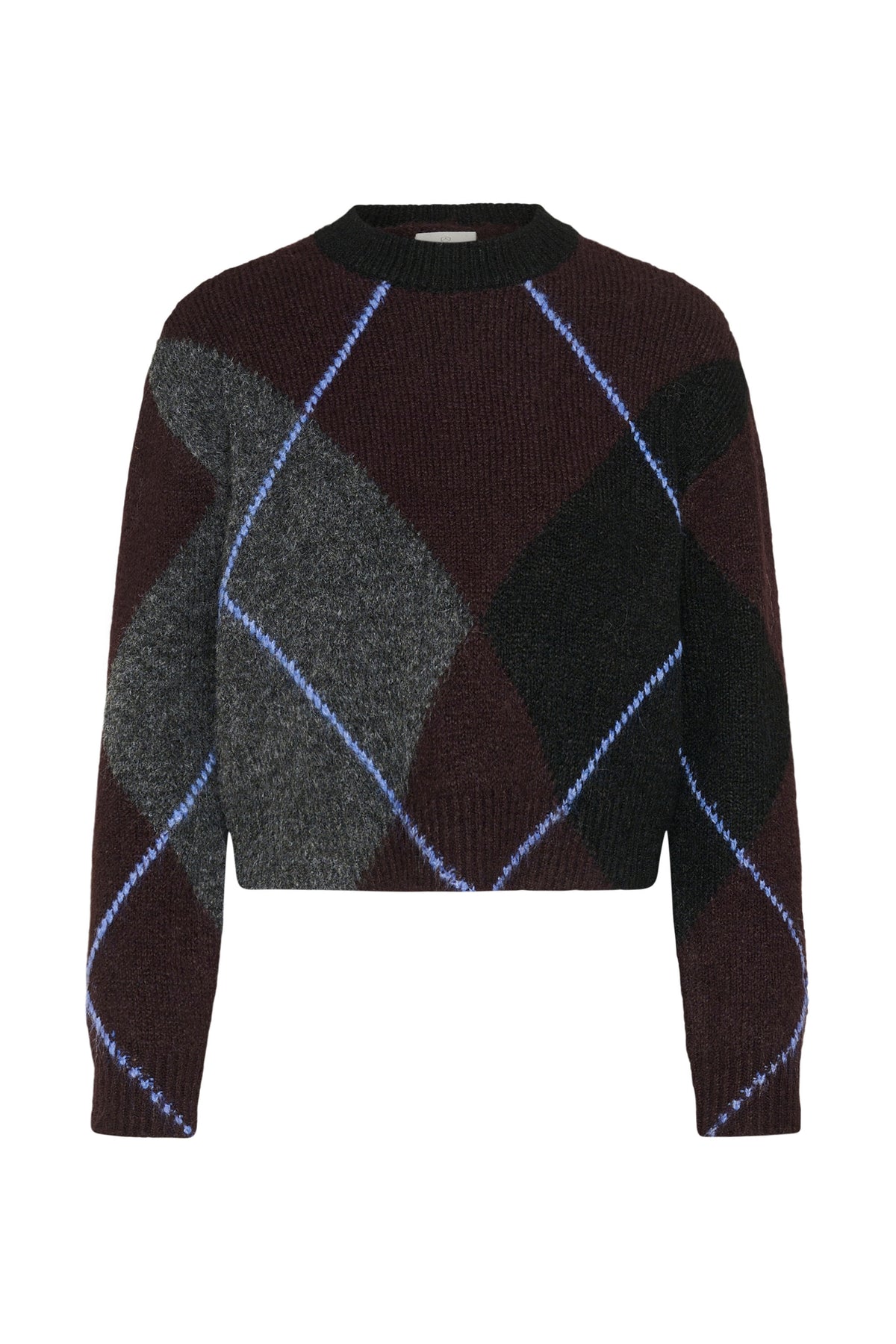 Kaffe women's dark burgundy knit long-sleeve knit sweater with gray, black and light blue argyle pattern, front view