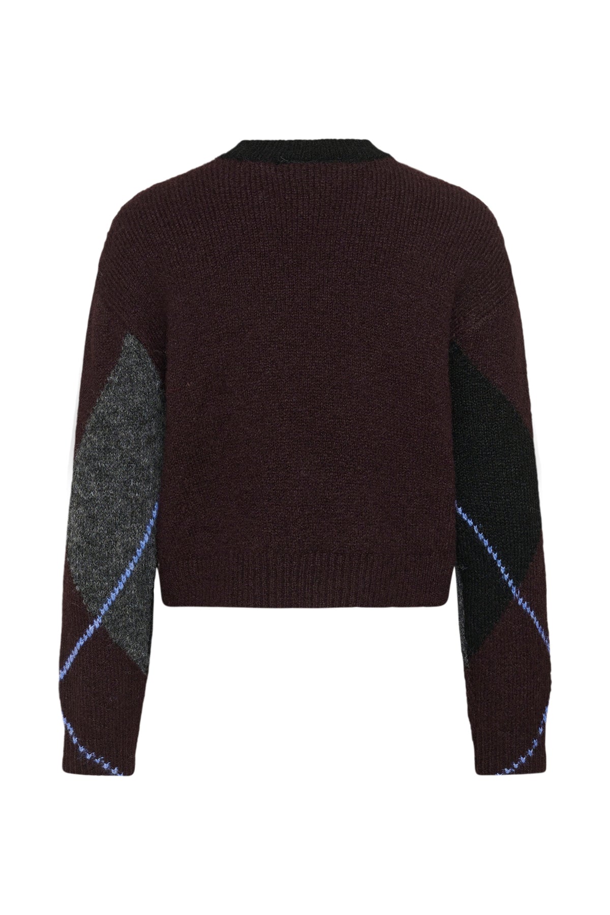 Kaffe women's dark burgundy knit long-sleeve knit sweater with gray and black argyle sleeves shown from the back